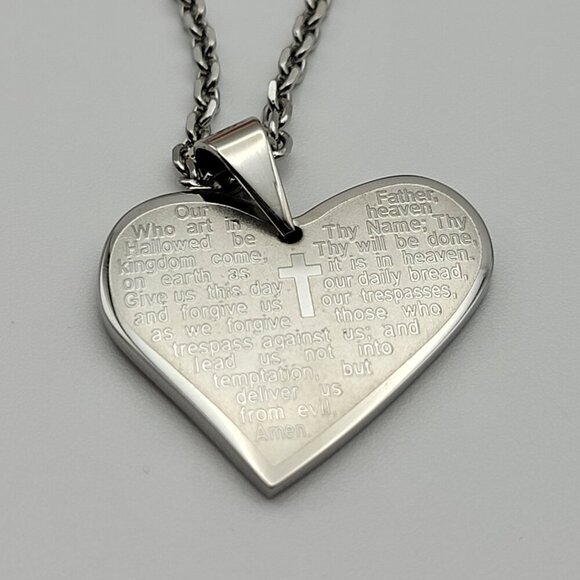 Edforce OUR LORD PRAYER Heart Pendant Necklace Stainless Steel 24" Lobster Clasp - Picture 2 of 9